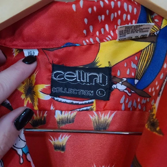 Cellini Vintage men's Hawaiian shirt size L Red Island Scenic Print - Picture 7 of 7